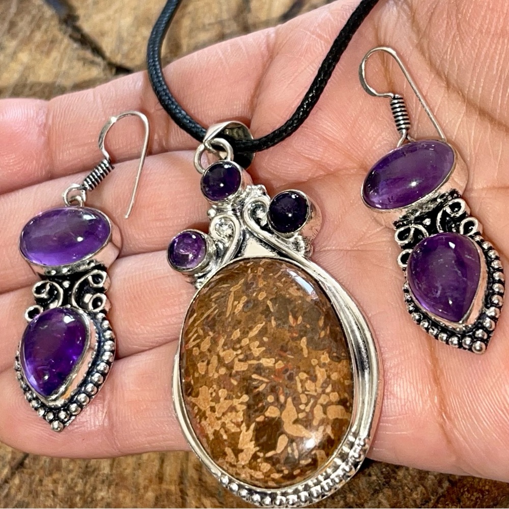 Amethyst & Bamboo Jasper Pendant  & Earrings Set